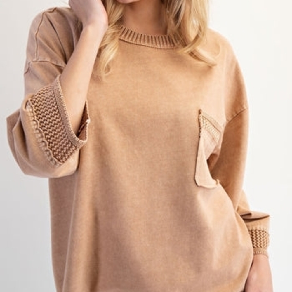 Easel Crochet Detailed Mineral Washed Top in Mocha - MEDIUM M